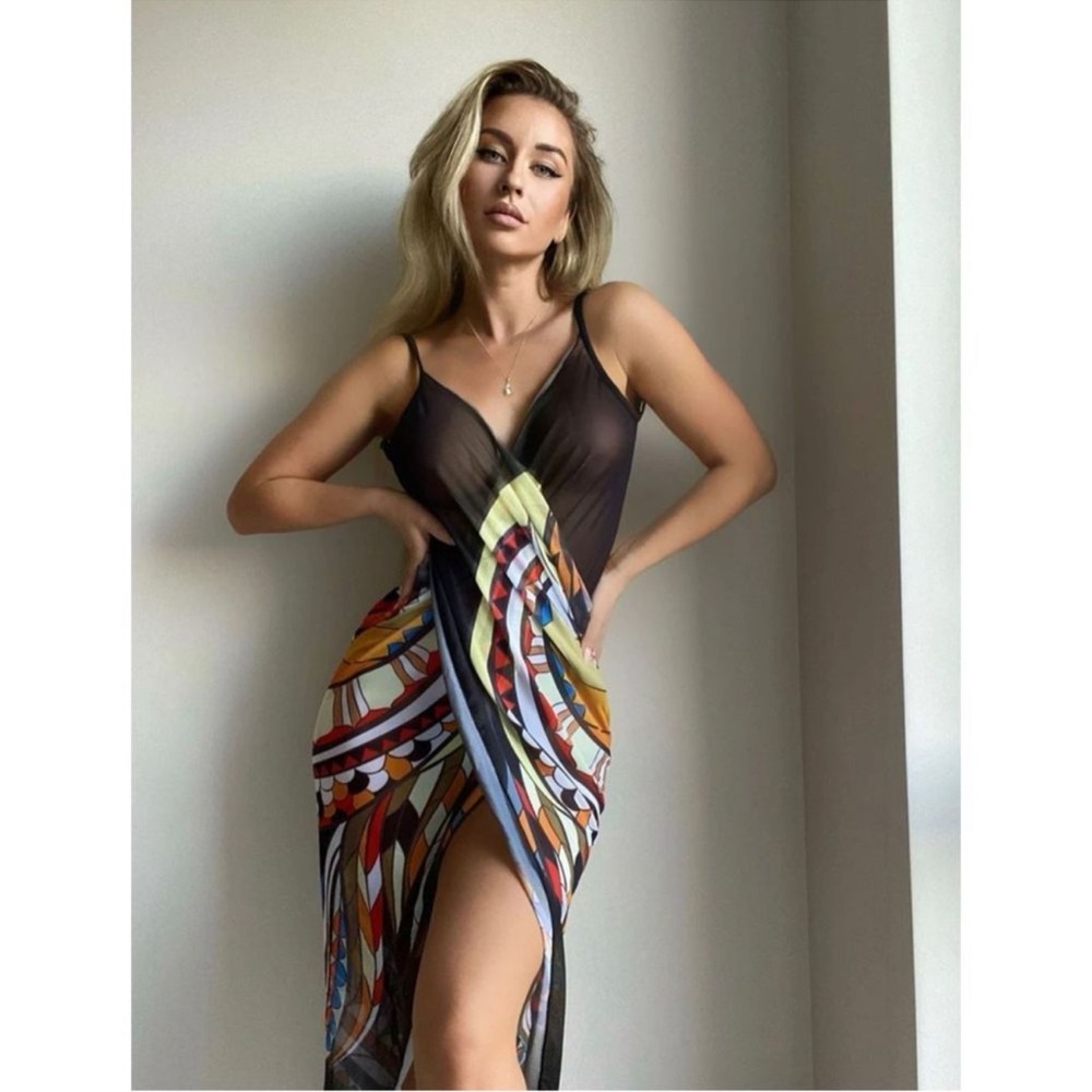 Sheer abstract colorful wrap coverup